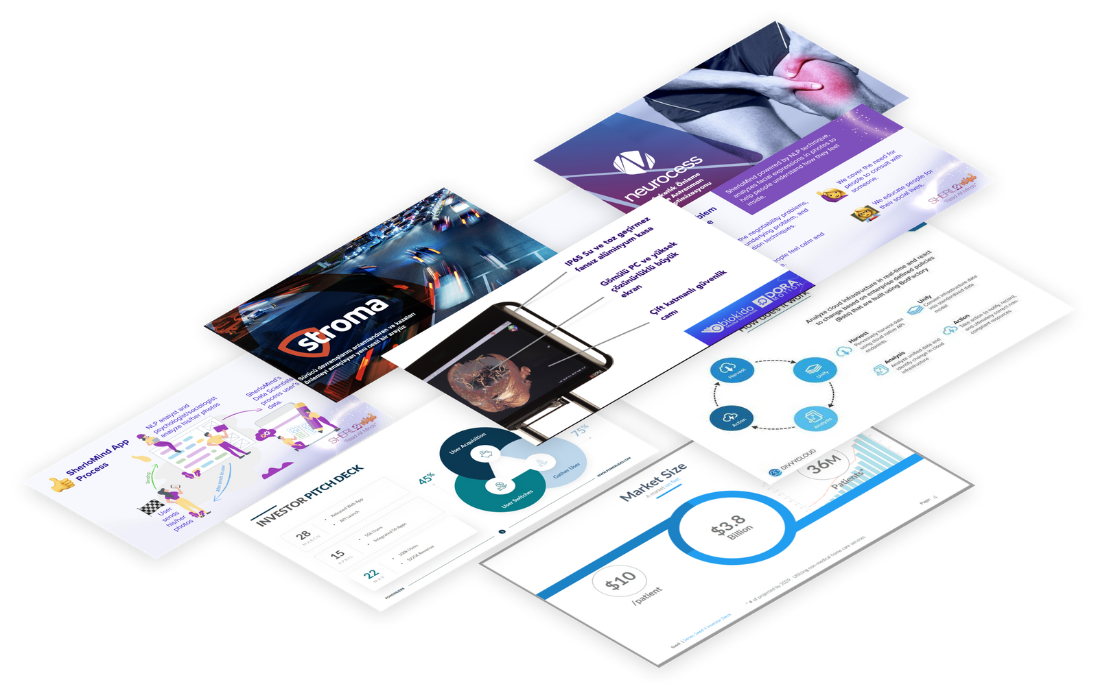 Examples of pitch deck slides designed by StartupDeal